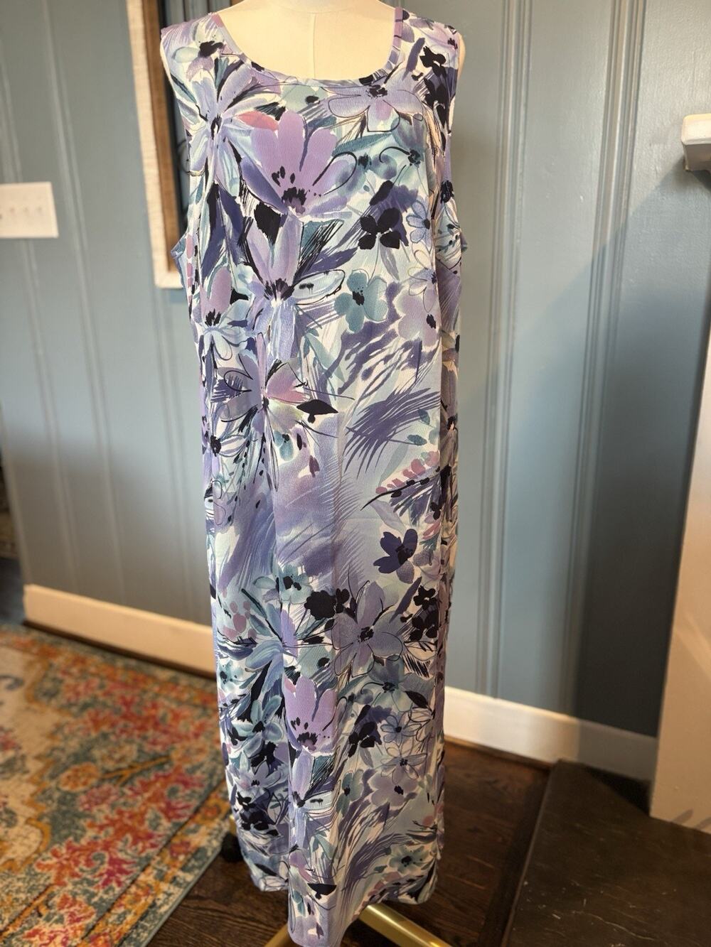Los Angeles Dopamine Purple Aqua Floral Sleeveless Maxi Dress Long Knit Medium
